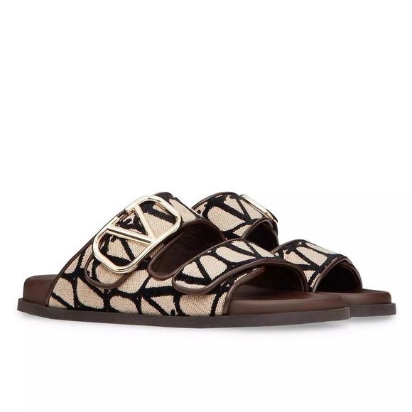 Valentino Garavani Toile Iconograph Double Strap V-Logo Slide Sandals Mule - Picture 3 of 15